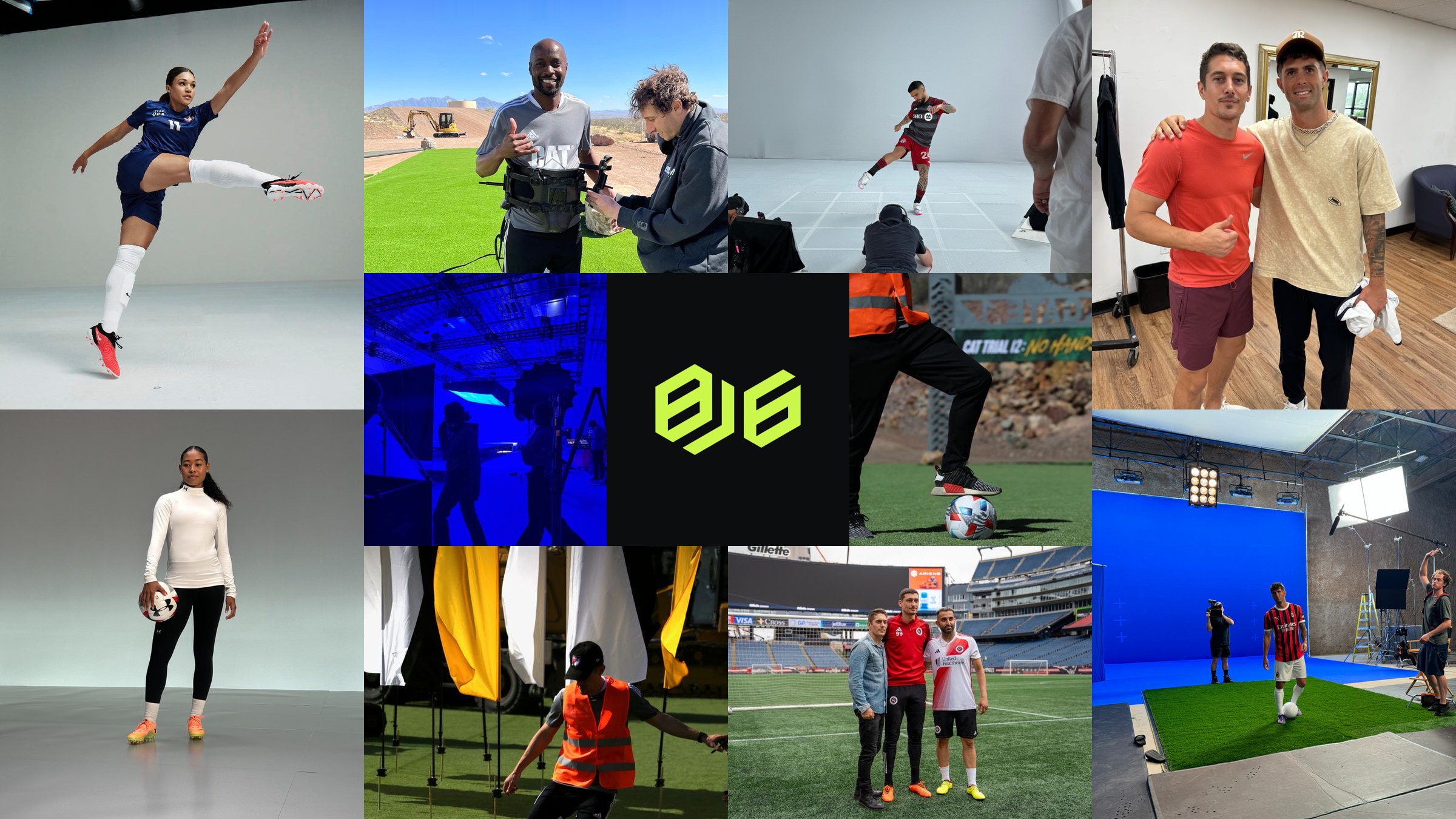 A grid of BJ6 shoots: athletes on studio white, motion capture on the Cat Trial build, a blue screen setup, and players on the field.