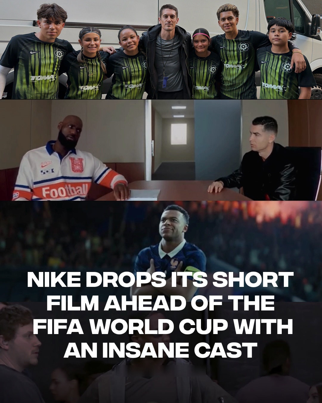 Three stacked frames from Nike's Rip the Script launch: Bryan Jordan with the LA TOMA kids in Nike kit, above two stills from the film.
