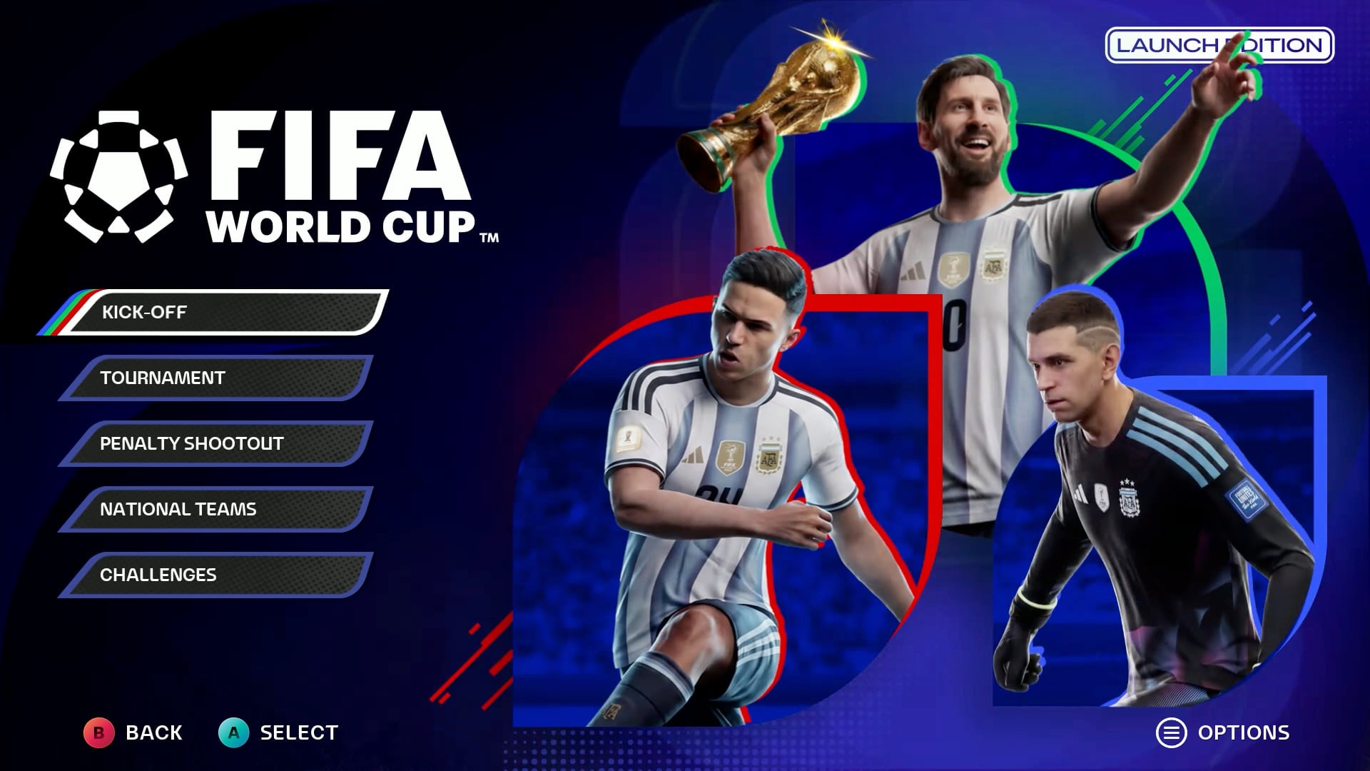 The FIFA World Cup: Launch Edition main menu, Kick-off through Challenges down the left, Messi lifting the trophy with two Argentina players in front.
