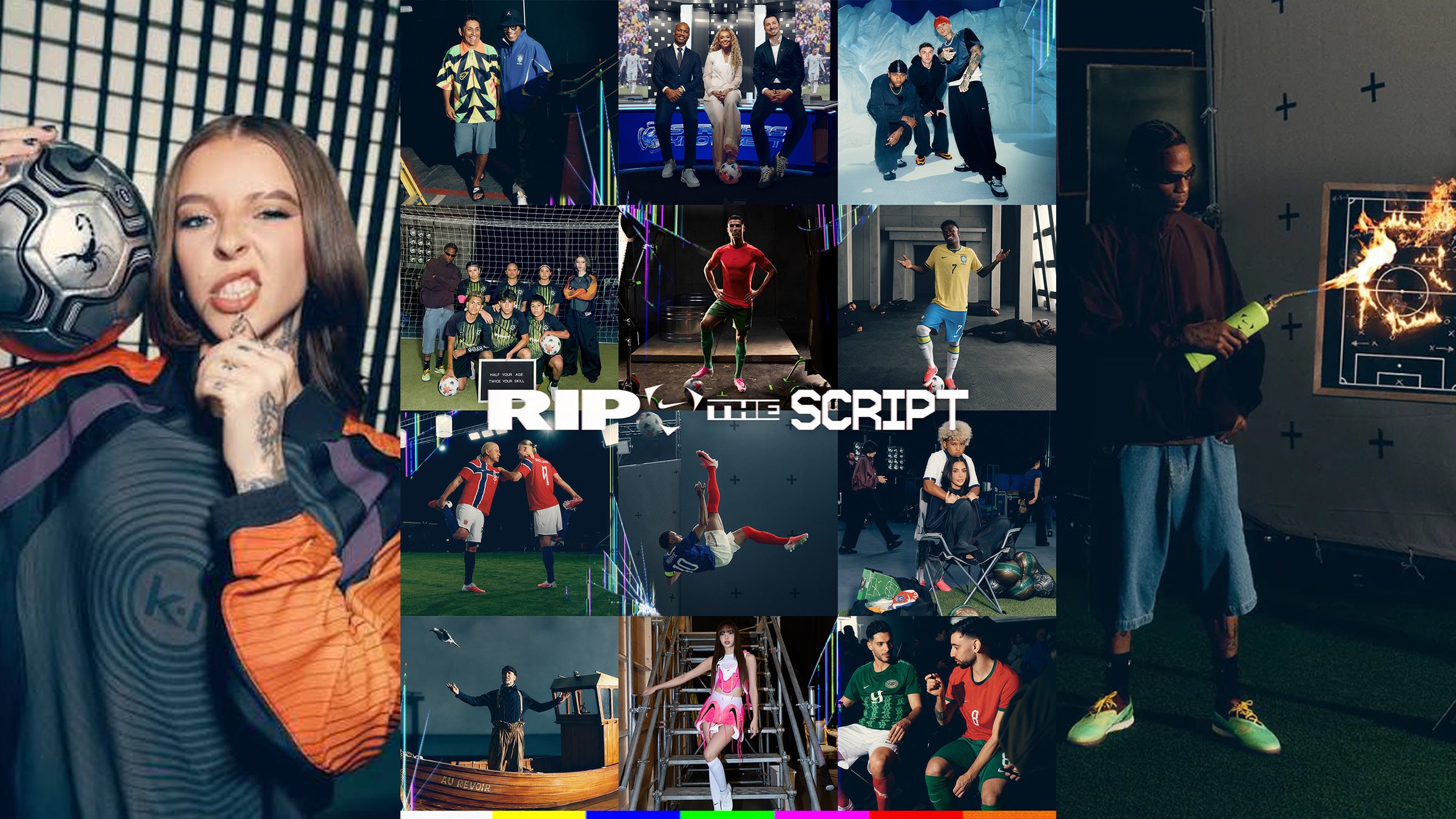 The Rip the Script key art: a grid of players and cast in Nike kit with the campaign title across the centre.