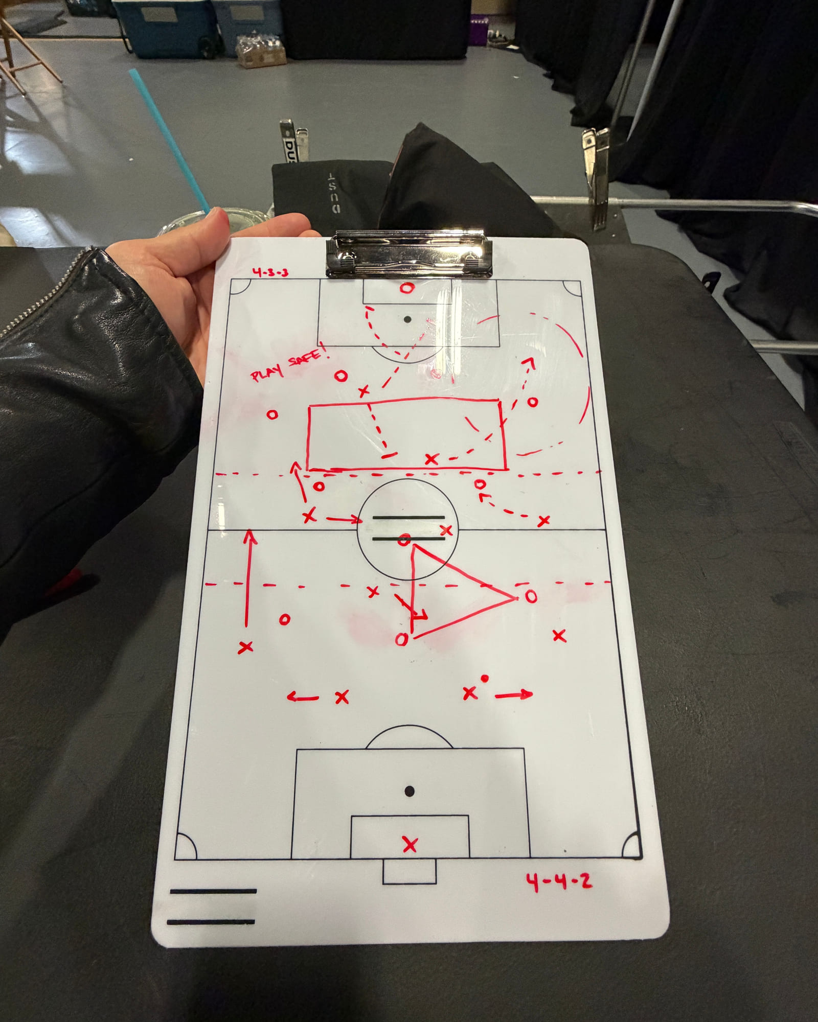 A tactics clipboard held on set, a pitch marked up in red marker: 4-3-3 at the top, 4-4-2 at the bottom, runs and arrows between, PLAY SAFE written beside the box.
